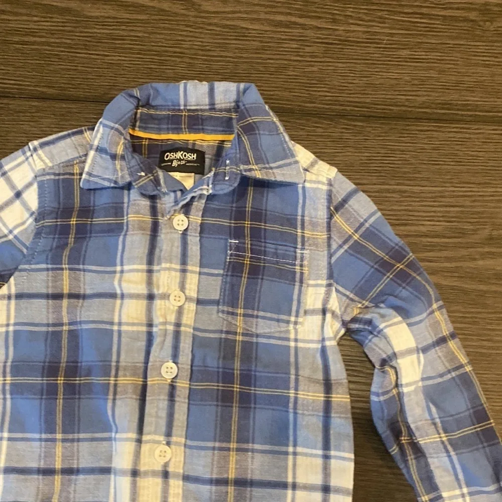 Osh Kosh button down long sleeve flannel. Size 2T. Blue/white plaid.
